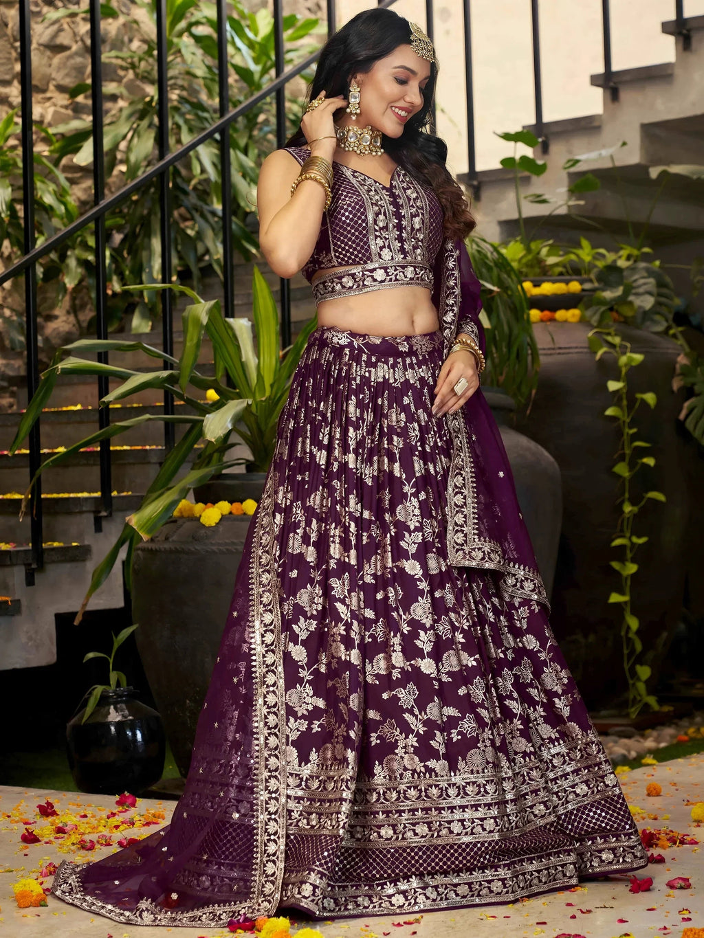 Wine Delicate Silk Zari Embroidered Lehenga Choli With Dupatta