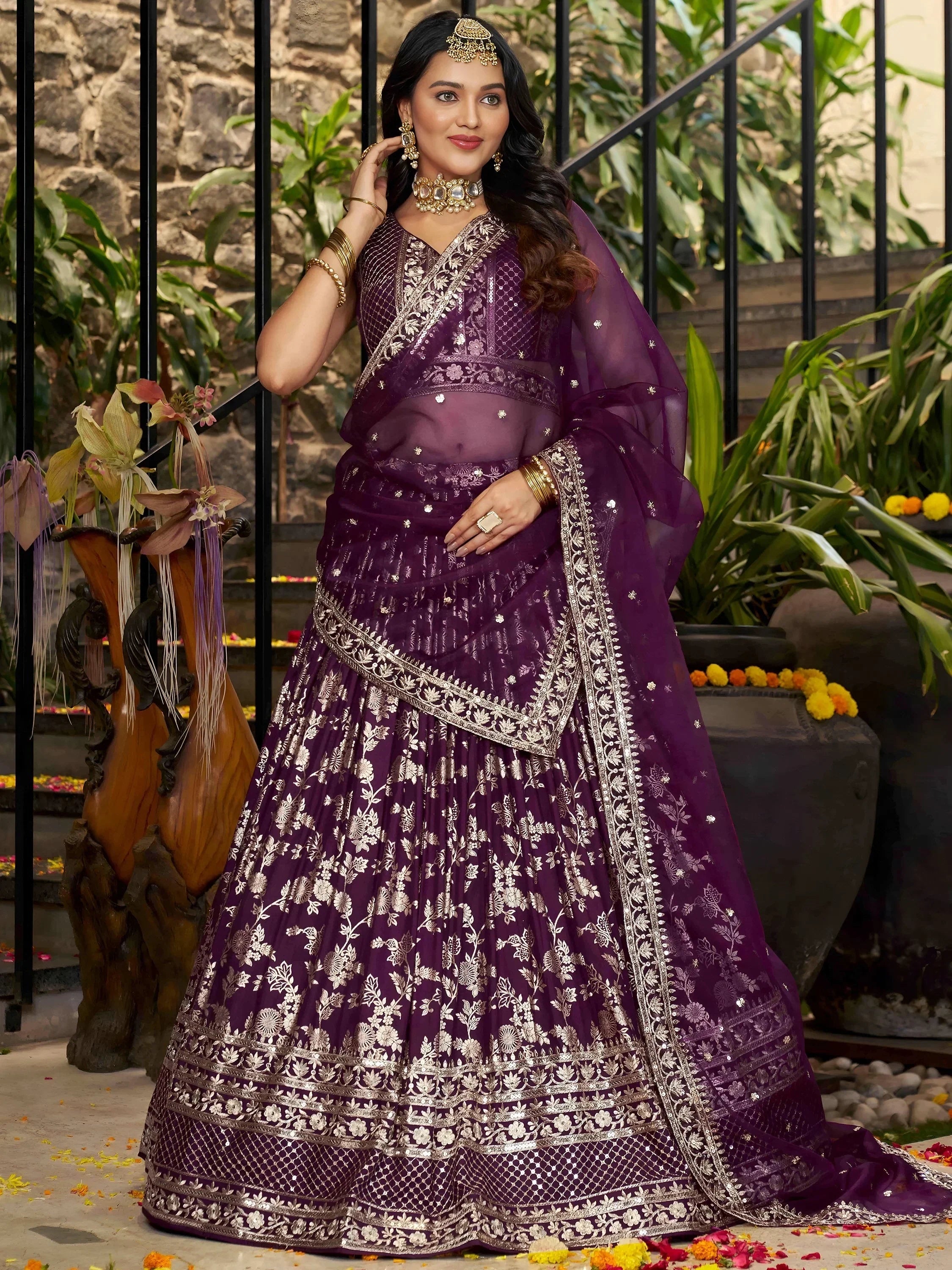 Wine Delicate Silk Zari Embroidered Lehenga Choli With Dupatta