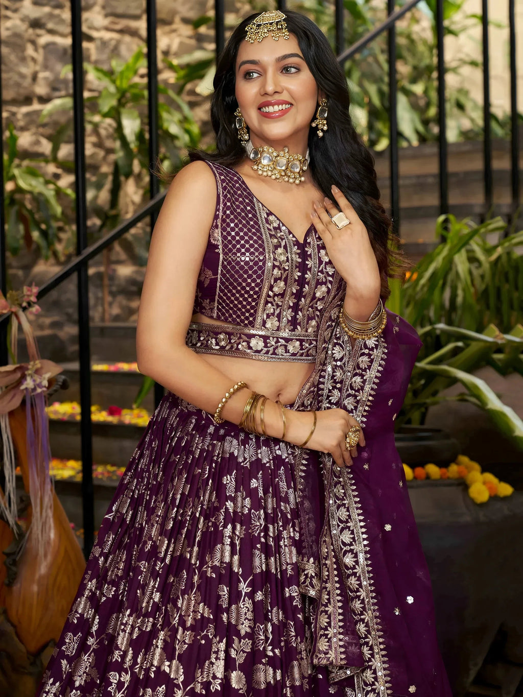 Wine Delicate Silk Zari Embroidered Lehenga Choli With Dupatta
