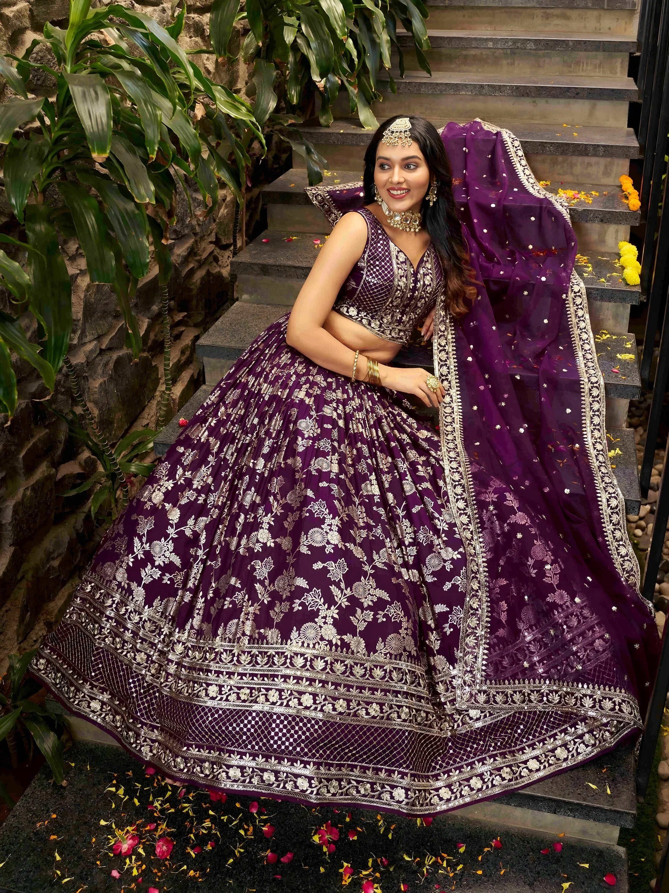 Wine Delicate Silk Zari Embroidered Lehenga Choli With Dupatta