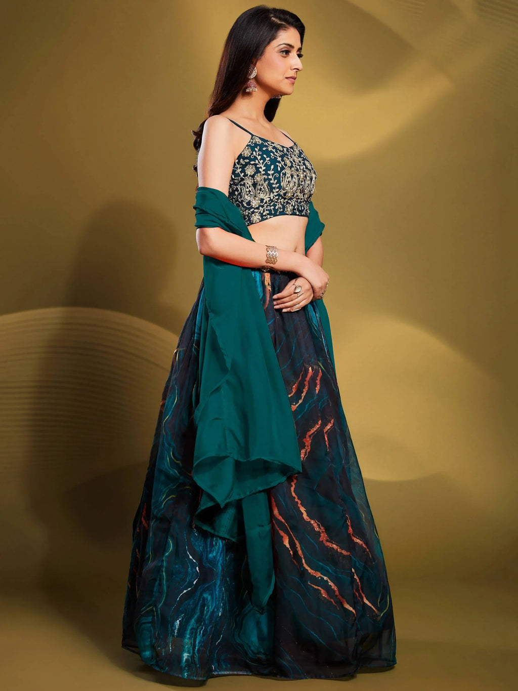 Elegance Teal-Colour Sequins Work Organza Reception Wear Lehenga Choli