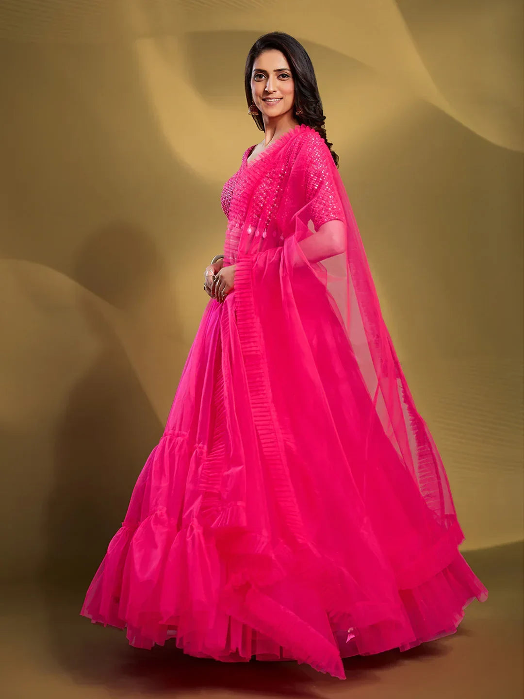 Sparkle Pink Sequins Work Soft Net Reception Wear Lehenga Choli