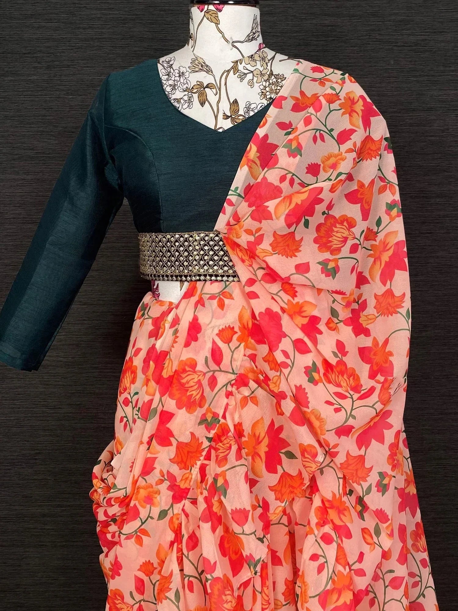 Beautiful Peach Georgette Floral Printed Saree With Blouse