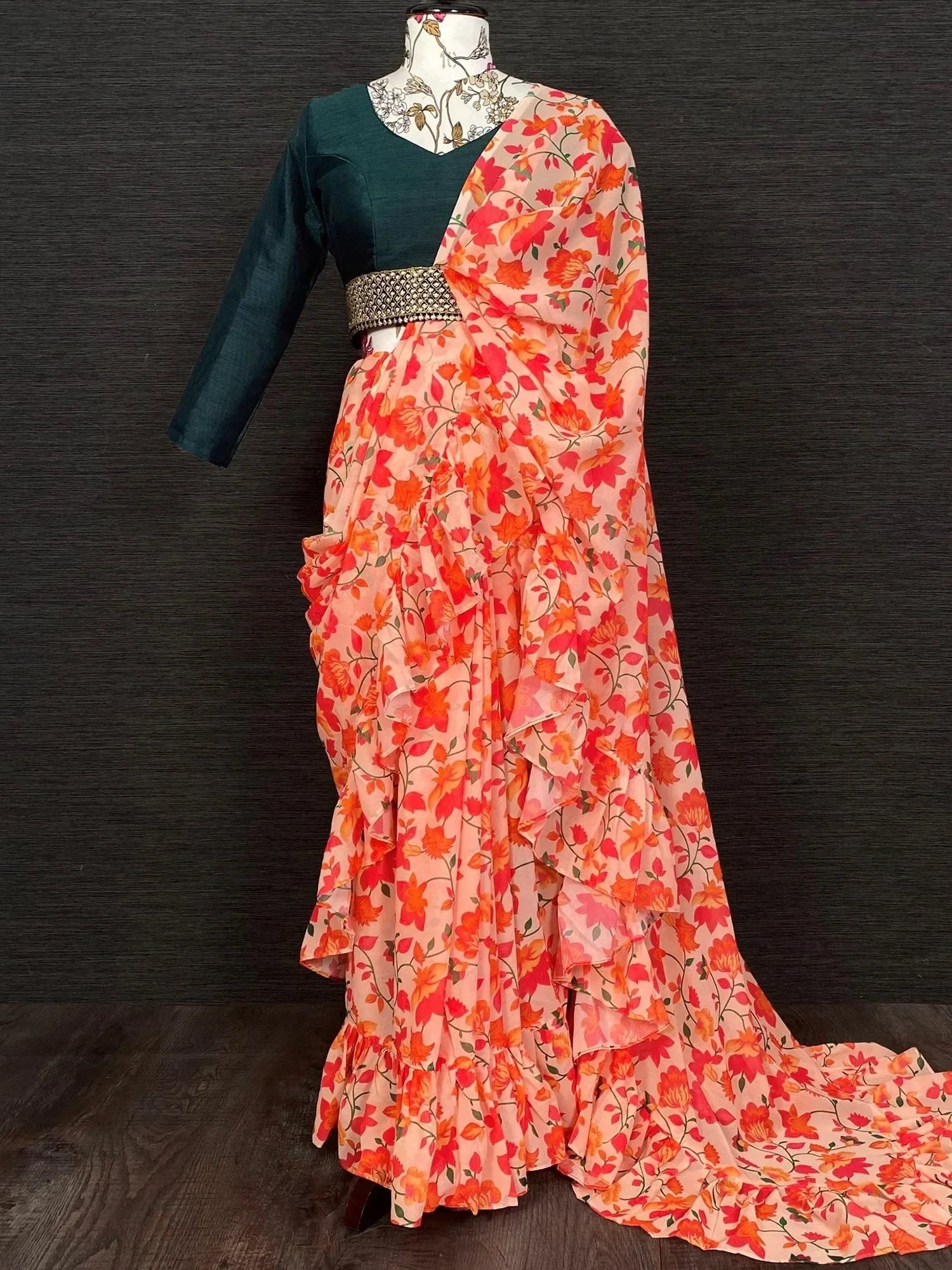 Beautiful Peach Georgette Floral Printed Saree With Blouse