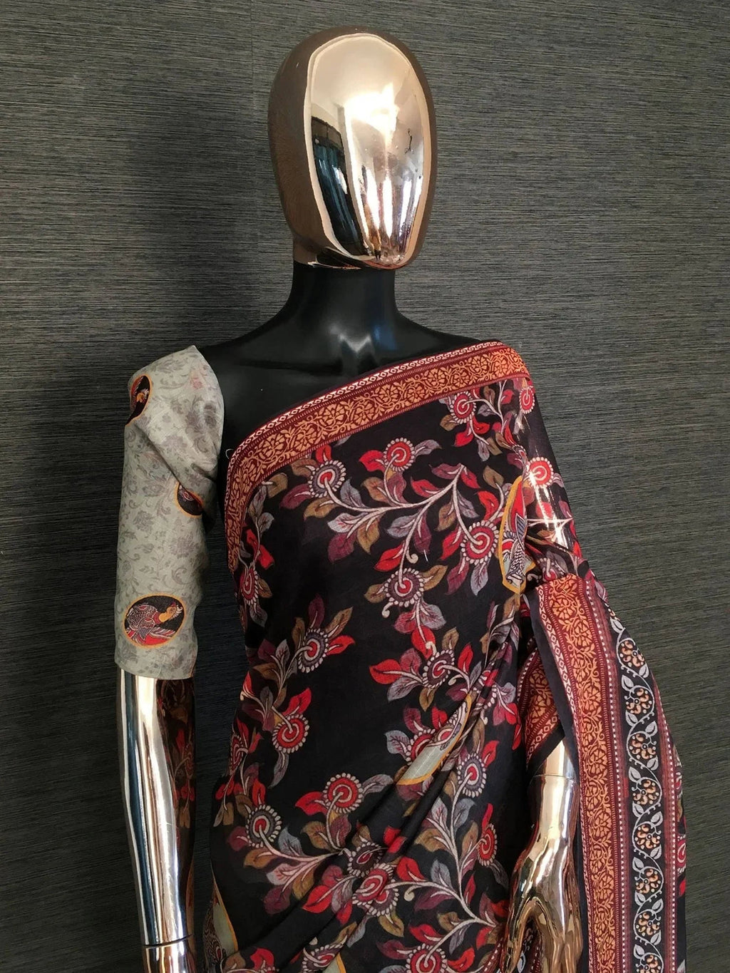 Black Classy Linen Floral Printed Casual Wear Saree With Blouse