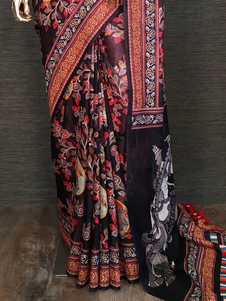 Black Classy Linen Floral Printed Casual Wear Saree With Blouse