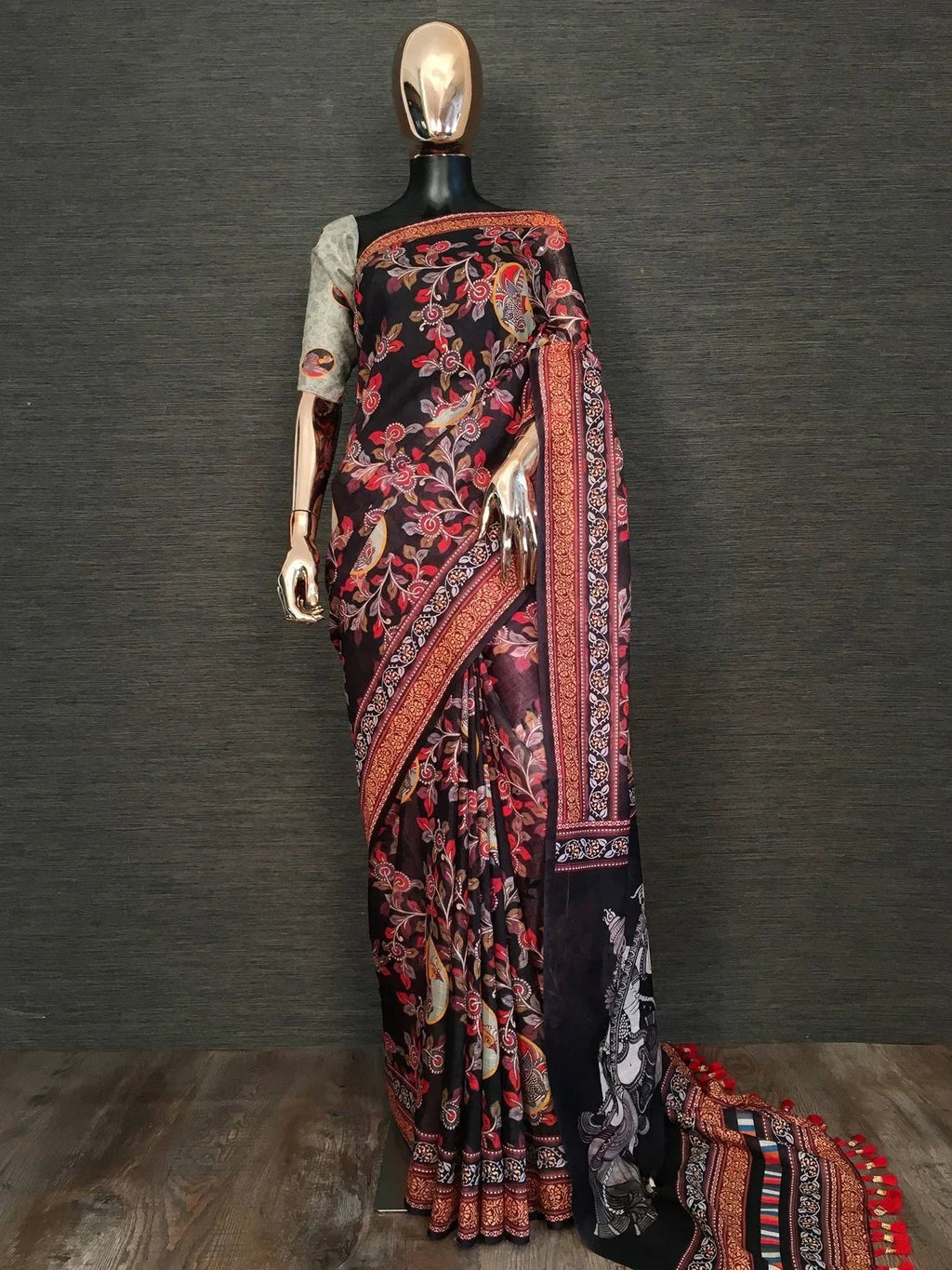 Black Classy Linen Floral Printed Casual Wear Saree With Blouse