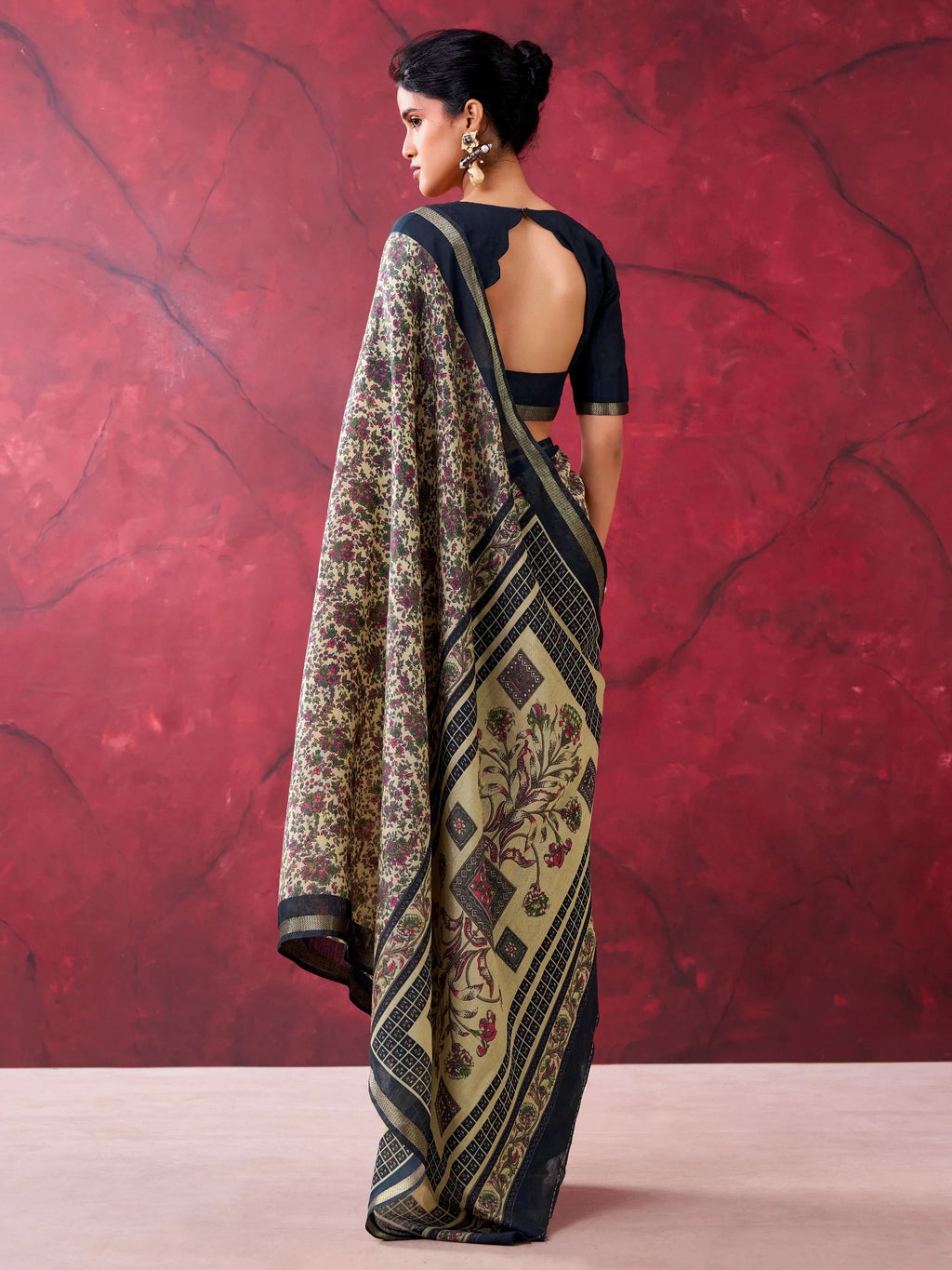 Enchanting Black Printed Cotton Festival Wear Saree With Blouse
