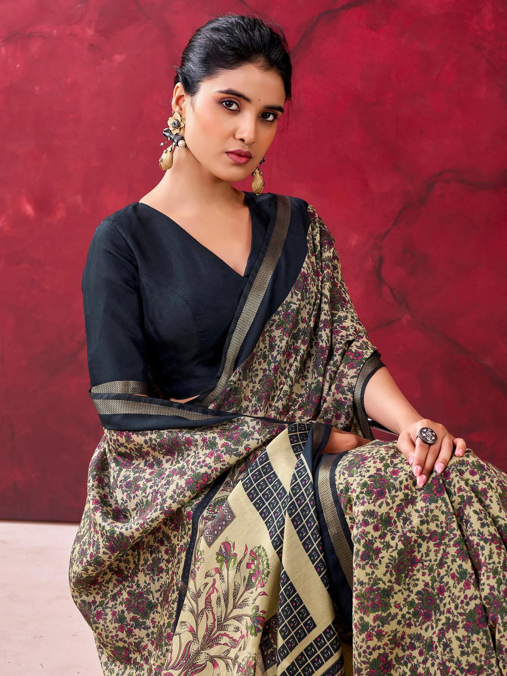 Enchanting Black Printed Cotton Festival Wear Saree With Blouse