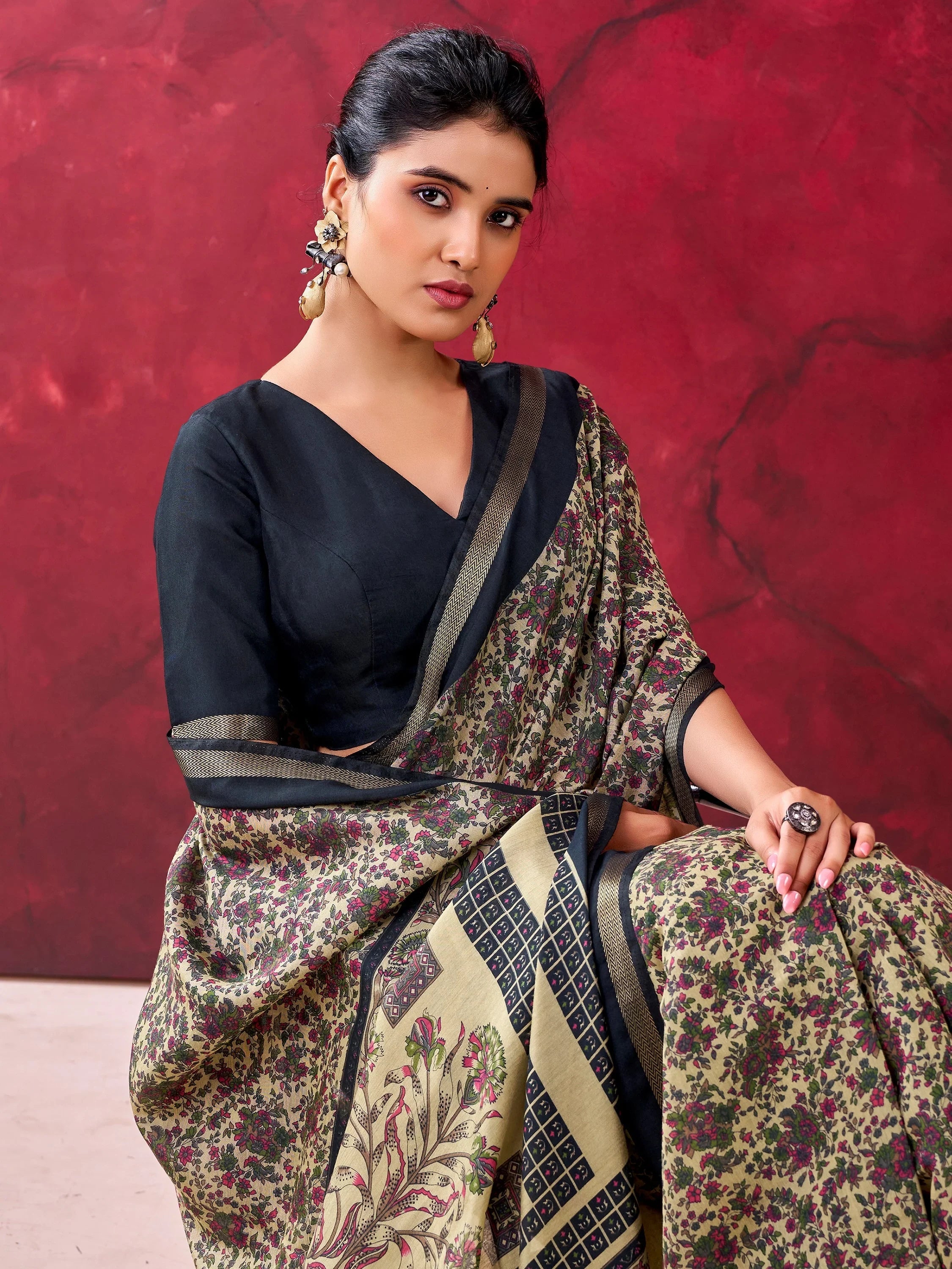 Enchanting Black Printed Cotton Festival Wear Saree With Blouse