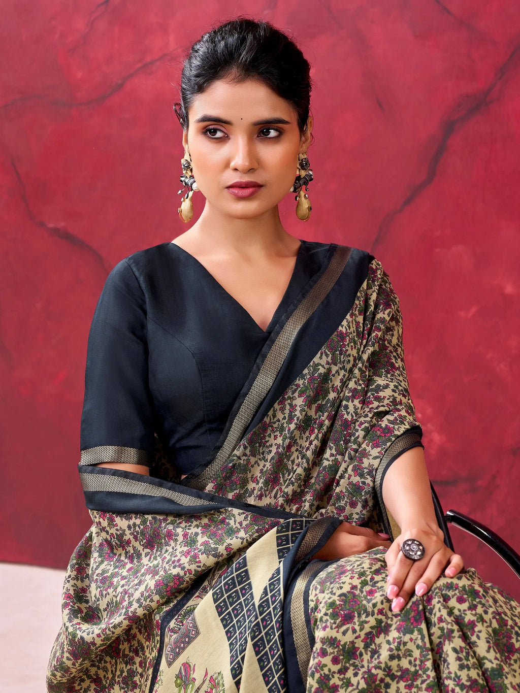 Enchanting Black Printed Cotton Festival Wear Saree With Blouse