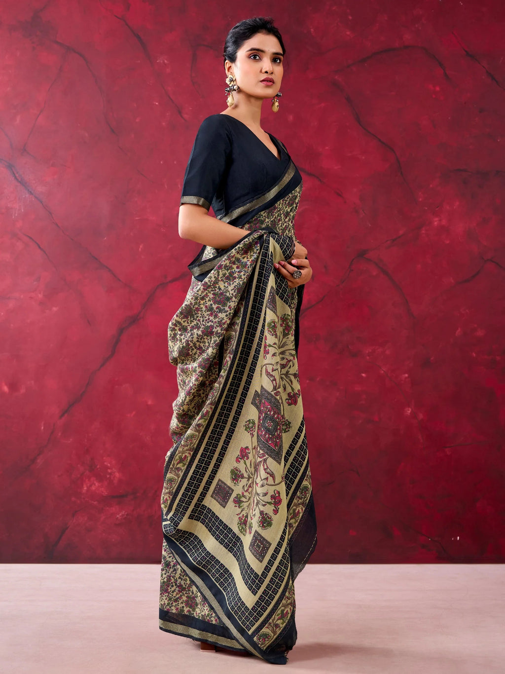 Enchanting Black Printed Cotton Festival Wear Saree With Blouse
