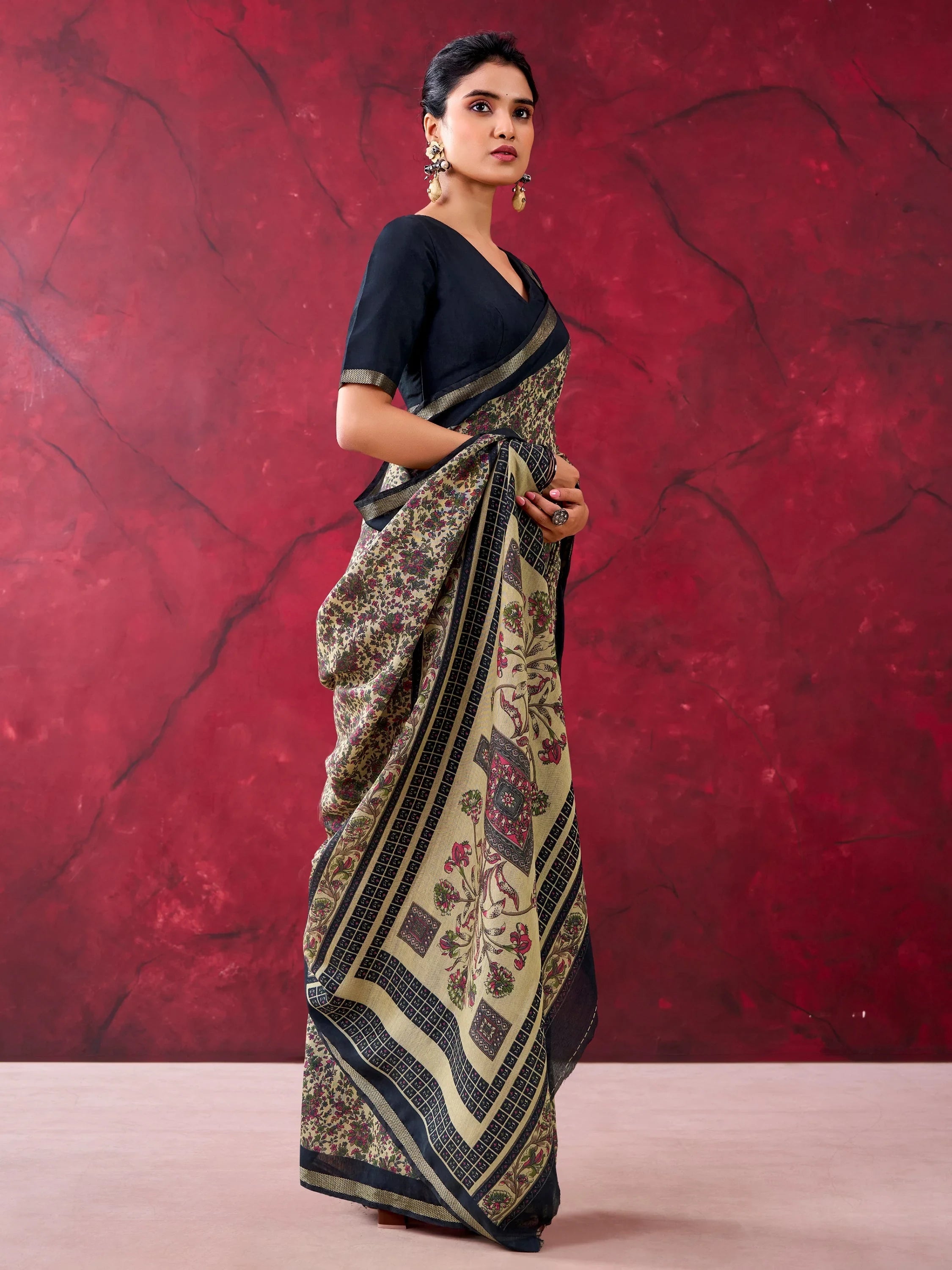 Enchanting Black Printed Cotton Festival Wear Saree With Blouse