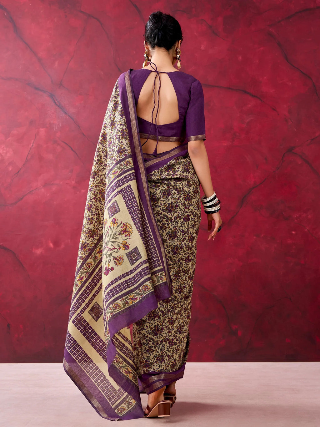 Purple Classy Linen Floral Printed Casual Wear Saree With Blouse