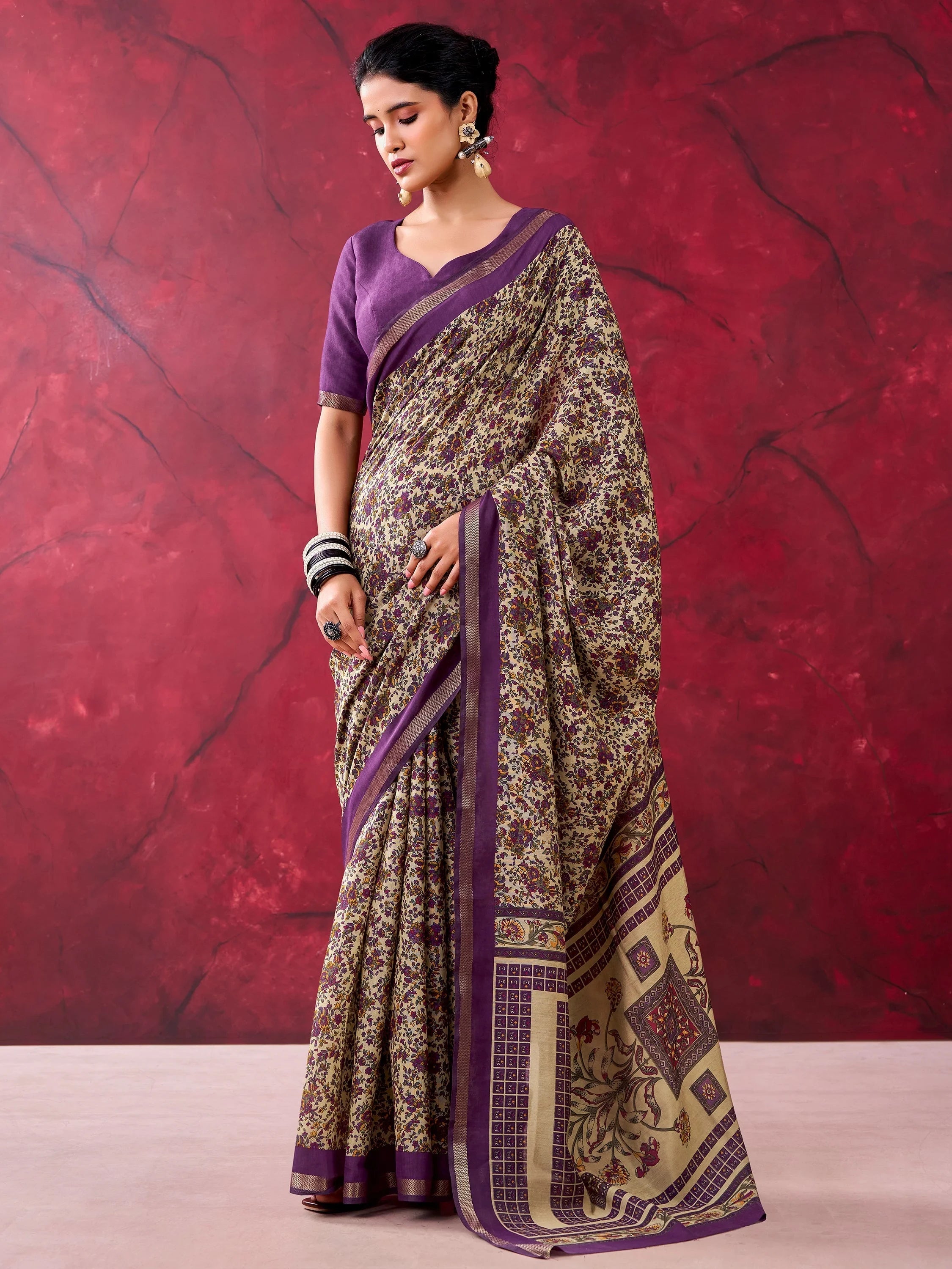Purple Classy Linen Floral Printed Casual Wear Saree With Blouse
