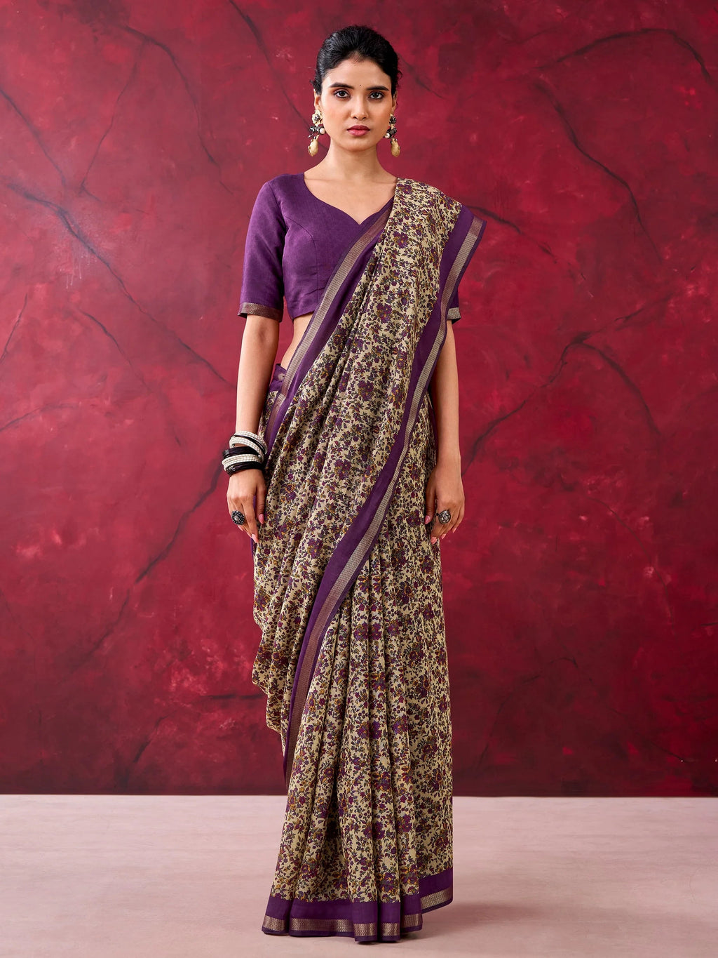 Purple Classy Linen Floral Printed Casual Wear Saree With Blouse