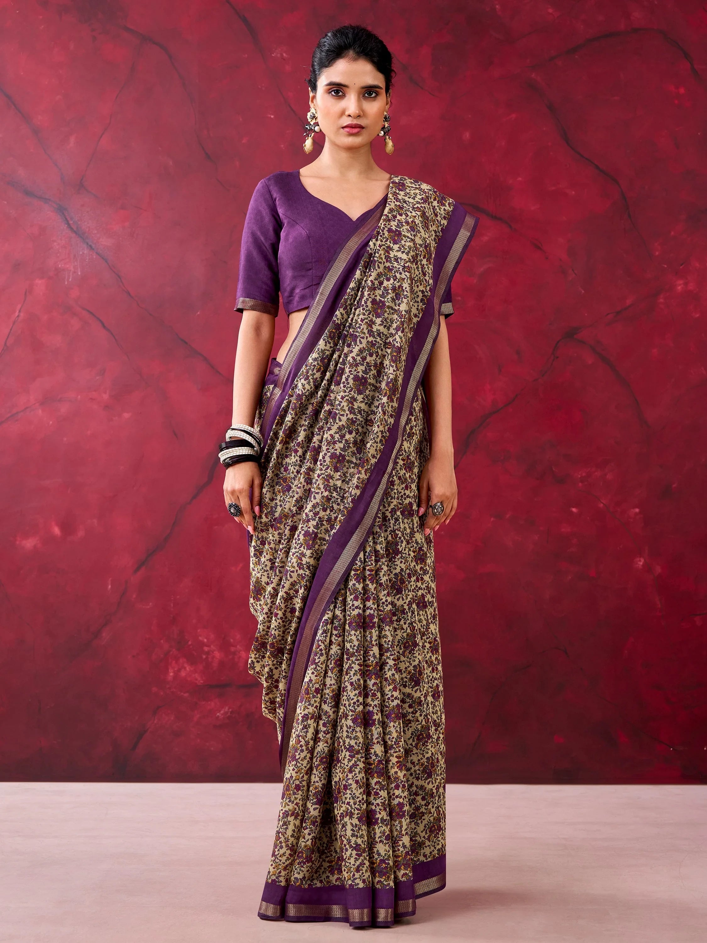Purple Classy Linen Floral Printed Casual Wear Saree With Blouse