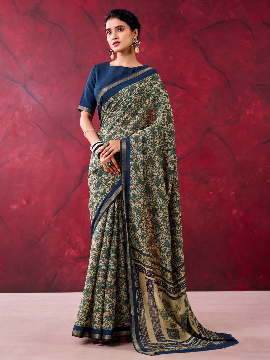 Blue Classy Linen Floral Printed Casual Wear Saree With Blouse