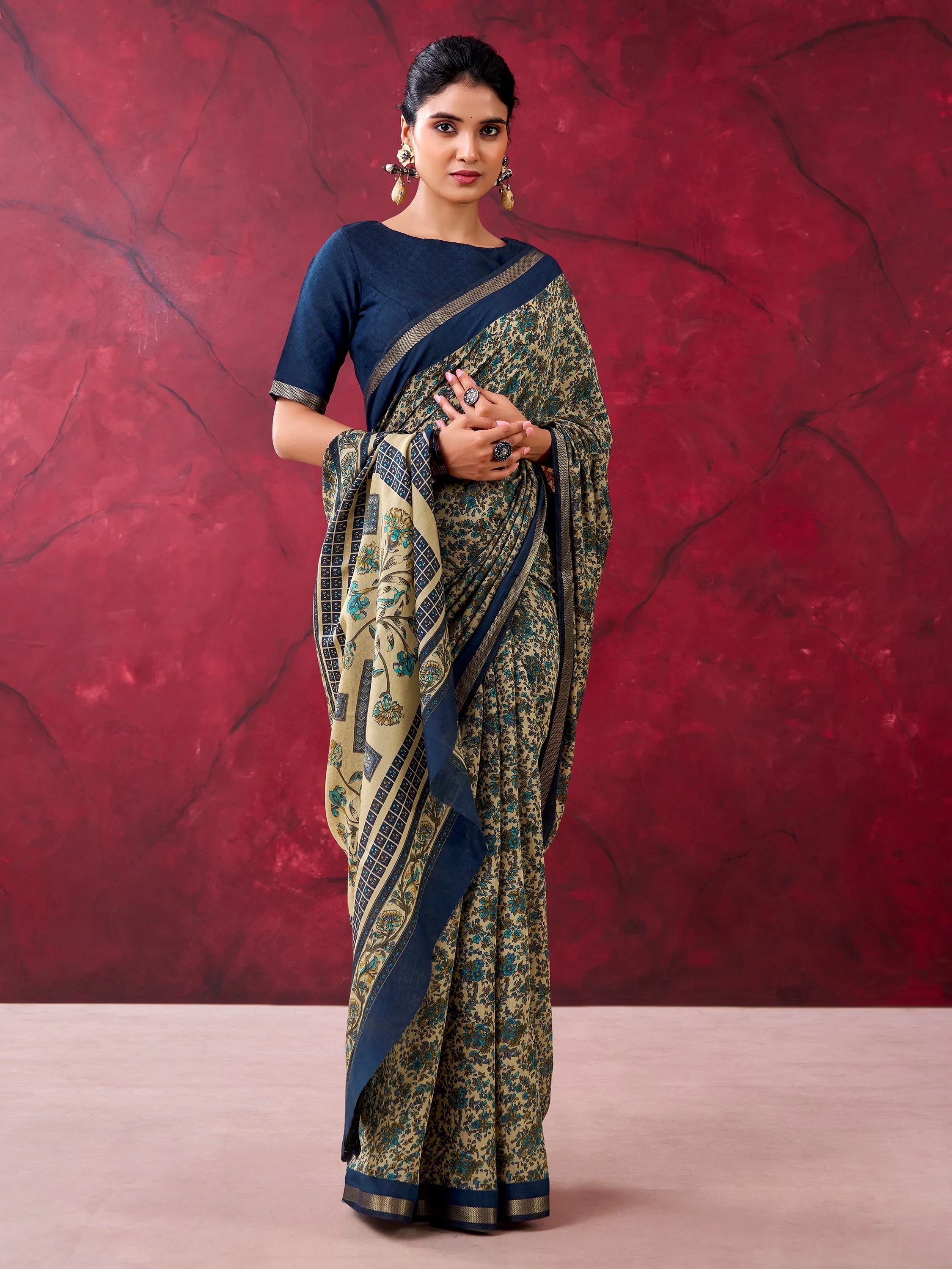 Blue Classy Linen Floral Printed Casual Wear Saree With Blouse