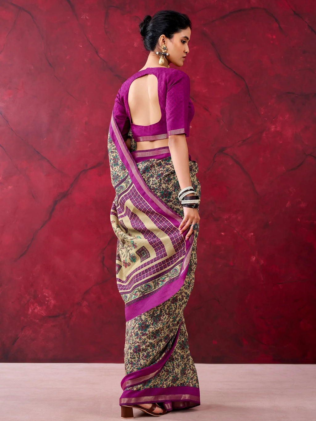 Wine Classy Linen Floral Printed Casual Wear Saree With Blouse