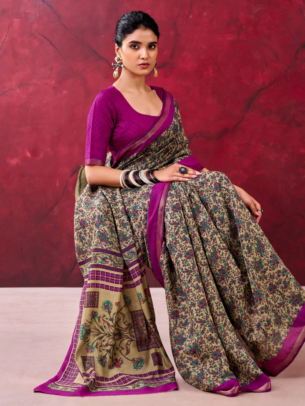 Wine Classy Linen Floral Printed Casual Wear Saree With Blouse