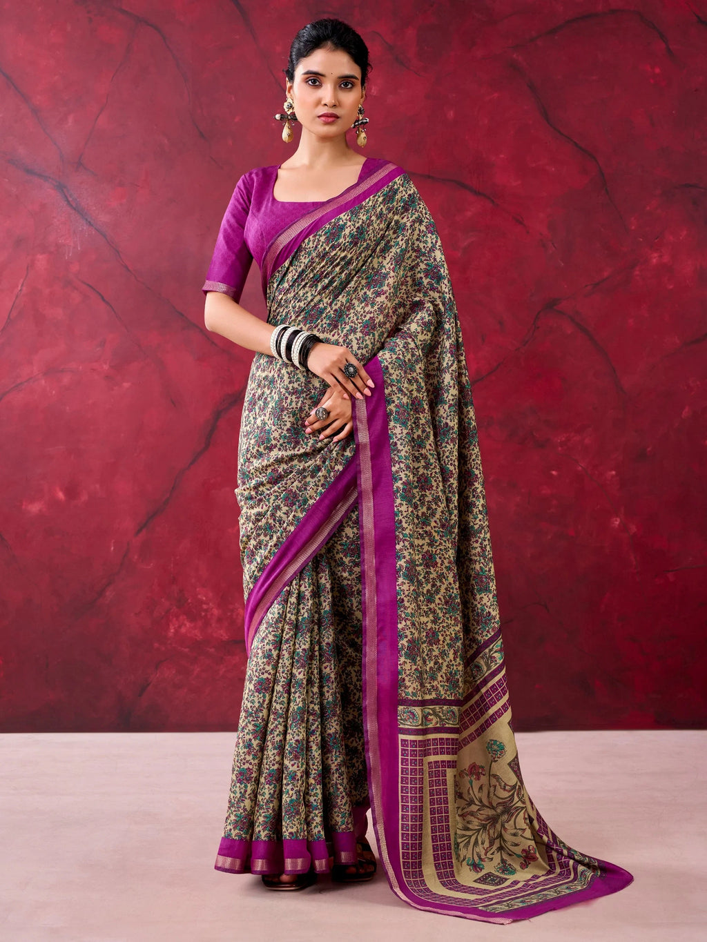 Wine Classy Linen Floral Printed Casual Wear Saree With Blouse