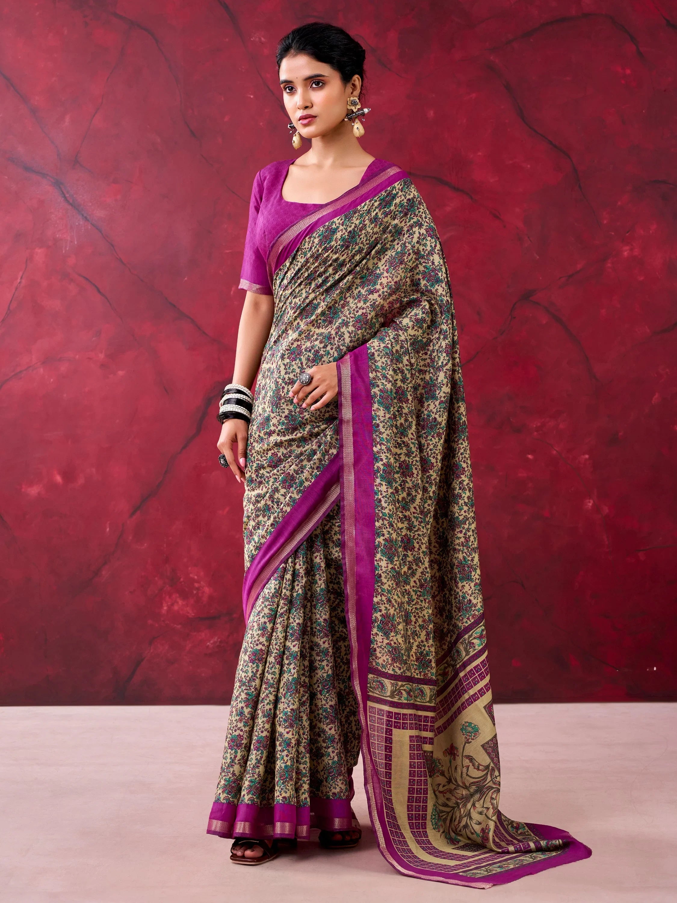 Wine Classy Linen Floral Printed Casual Wear Saree With Blouse