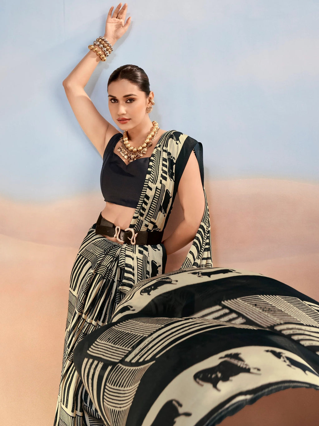 Black Enchanting Printed Satin Festive Wear Saree With Blouse