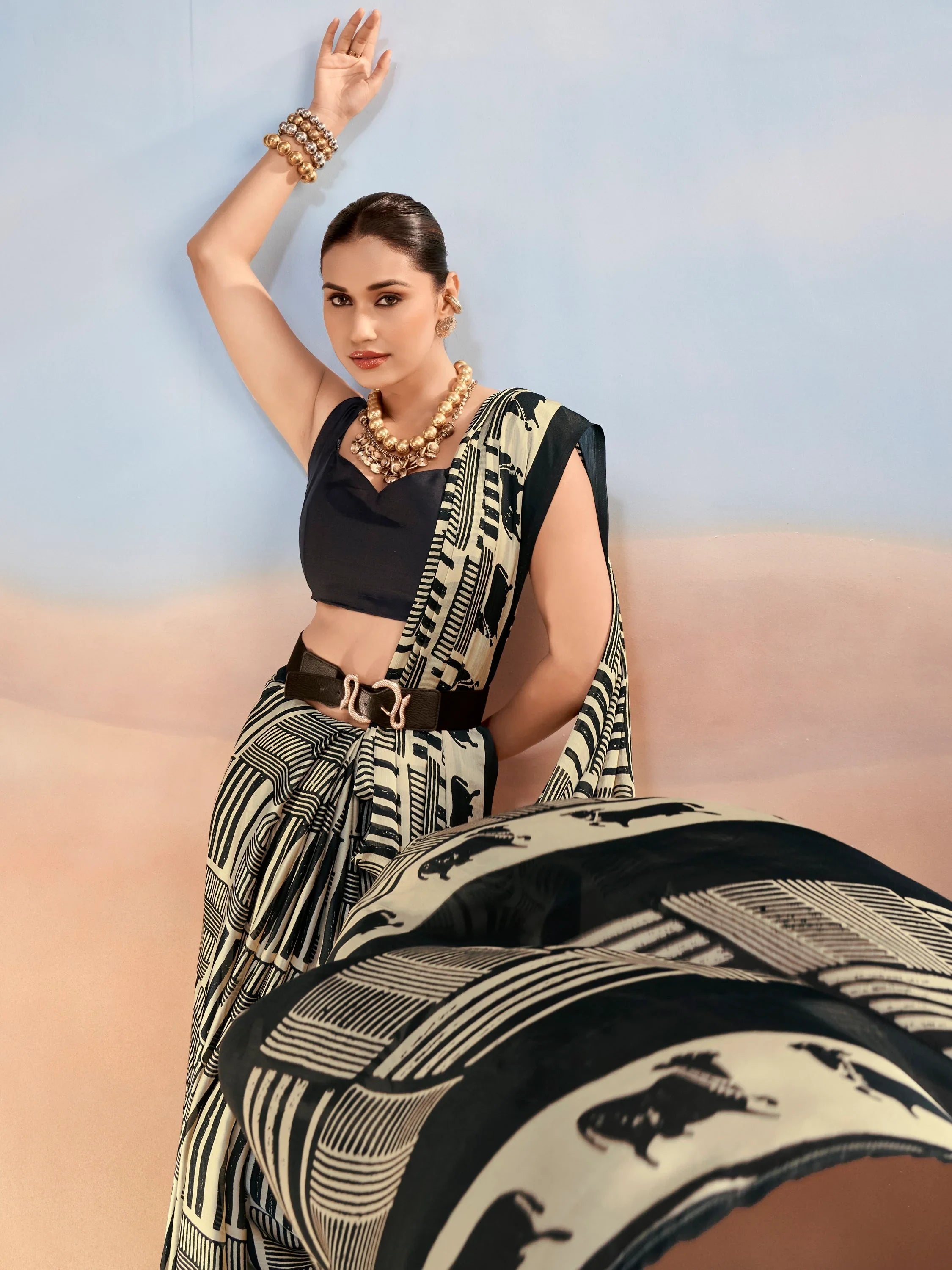 Black Enchanting Printed Satin Festive Wear Saree With Blouse