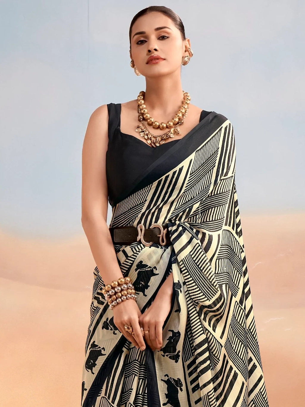 Black Enchanting Printed Satin Festive Wear Saree With Blouse