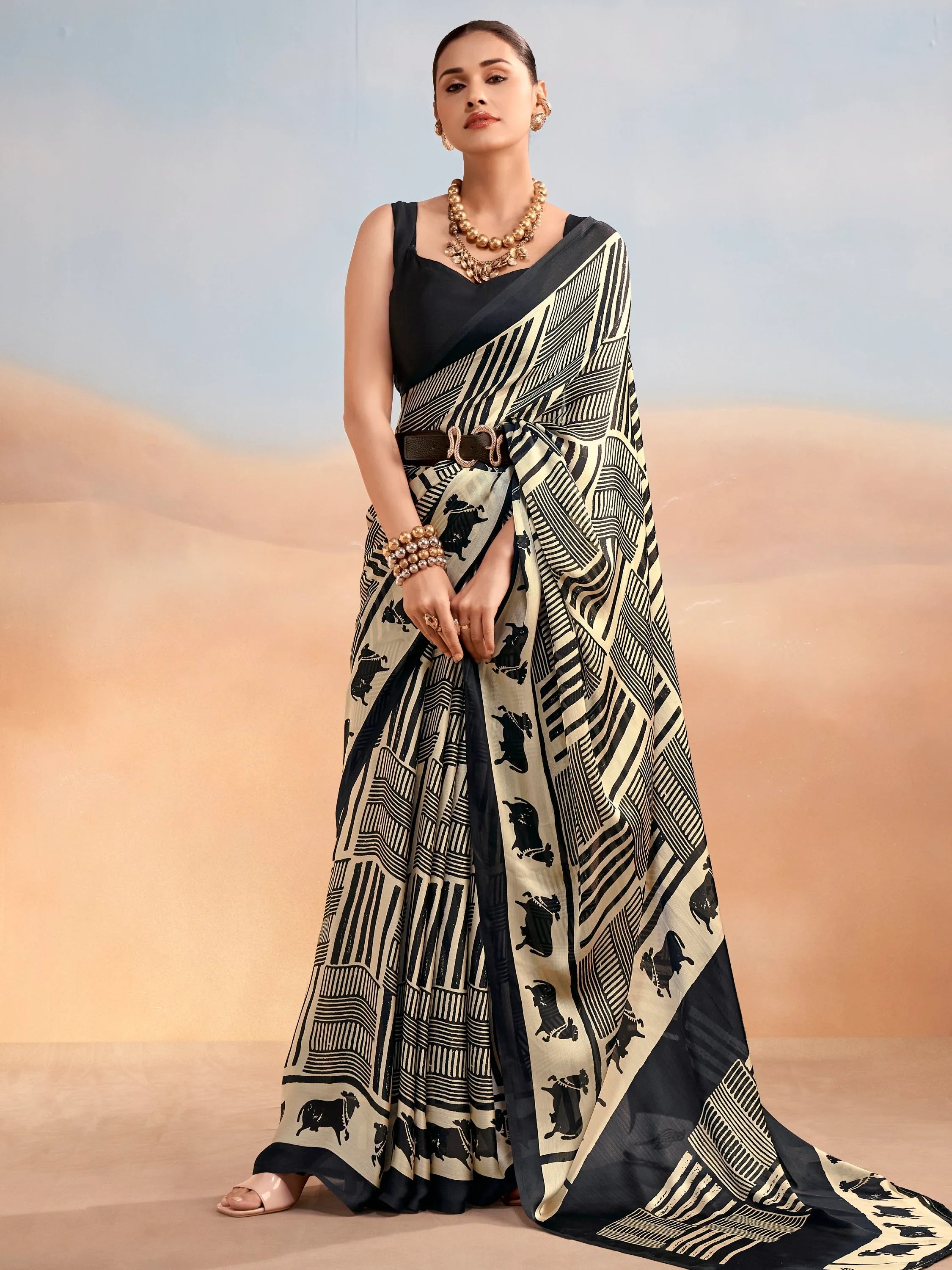 Black Enchanting Printed Satin Festive Wear Saree With Blouse