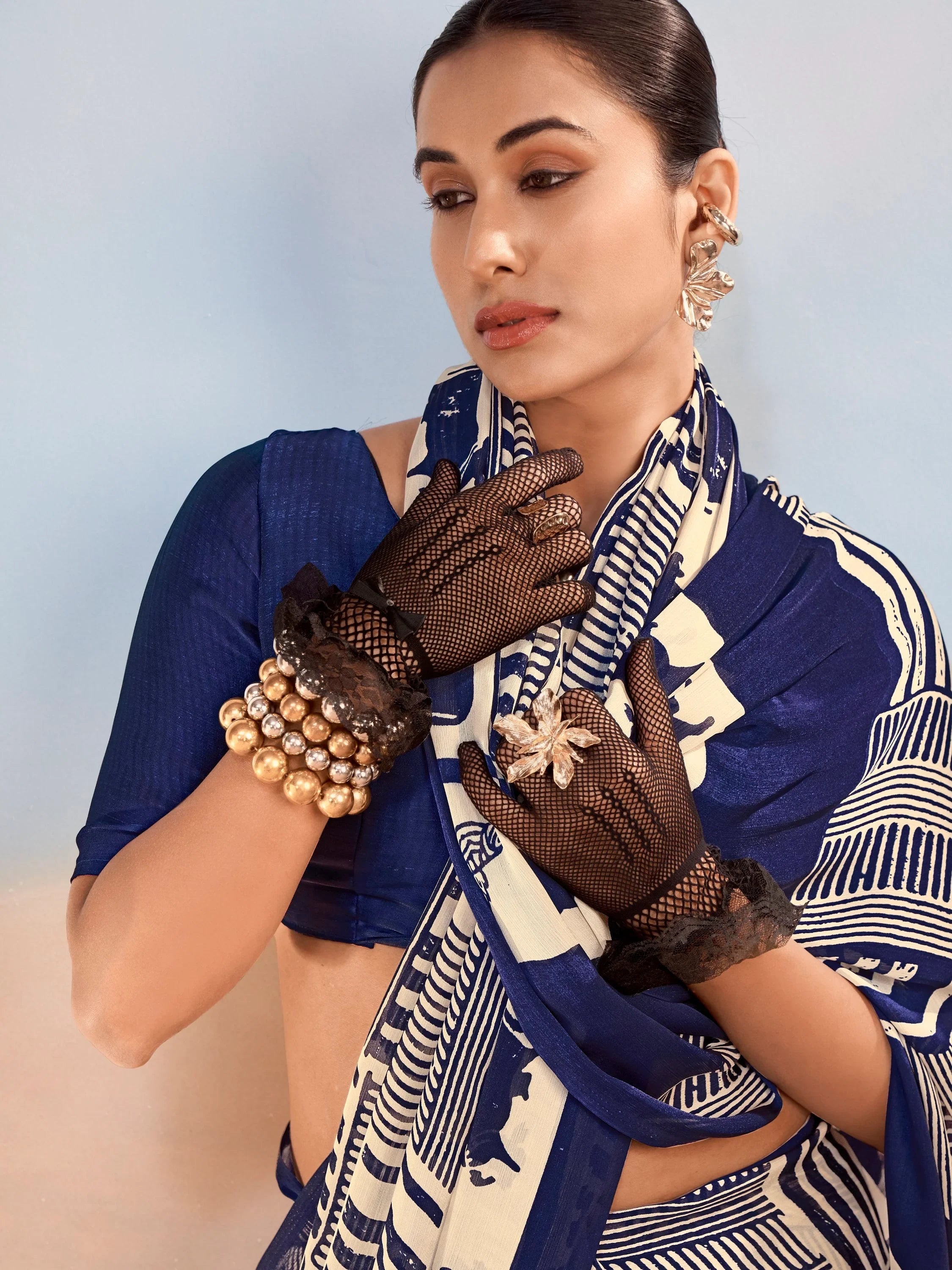 Navy Enchanting Printed Satin Festive Wear Saree With Blouse