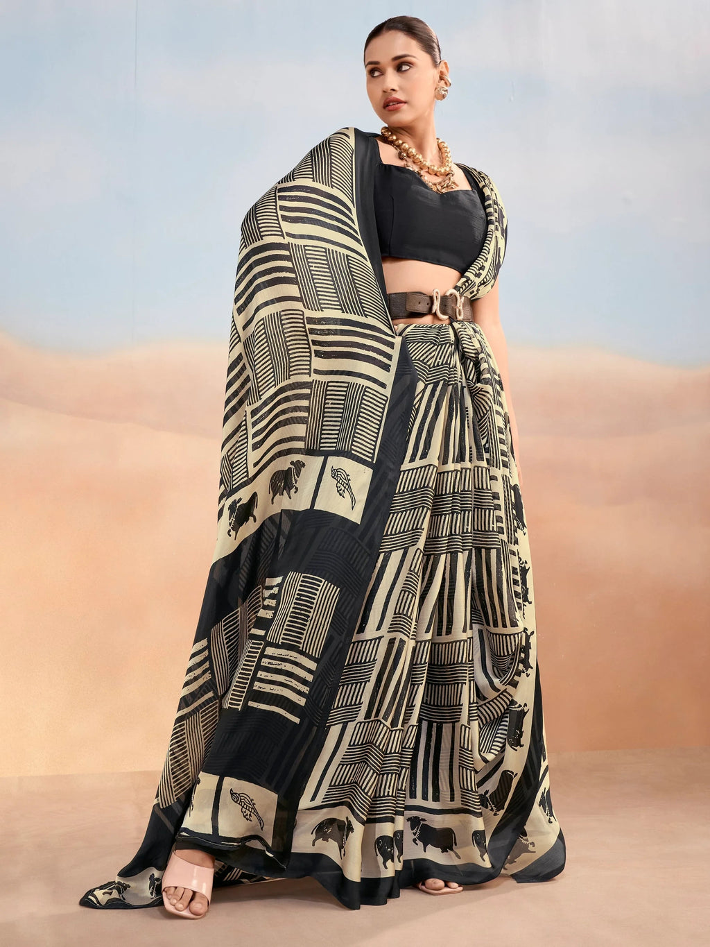 Black Enchanting Printed Satin Festive Wear Saree With Blouse