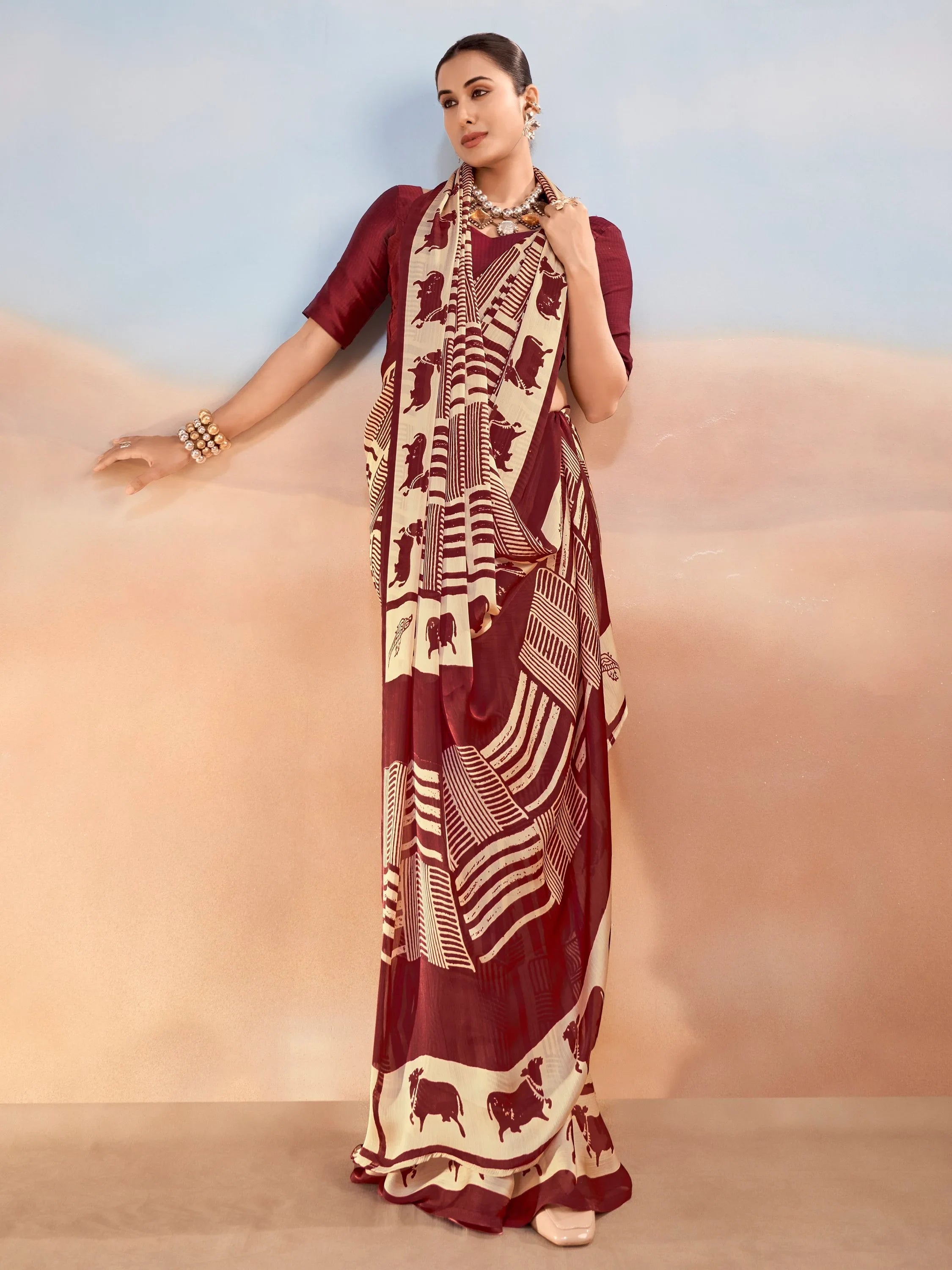 Maroon Enchanting Printed Satin Festive Wear Saree With Blouse