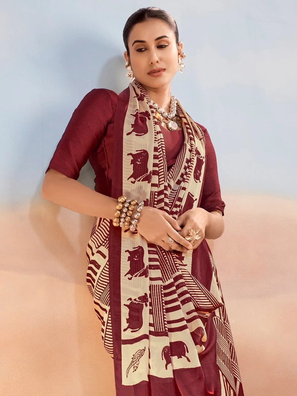 Maroon Enchanting Printed Satin Festive Wear Saree With Blouse