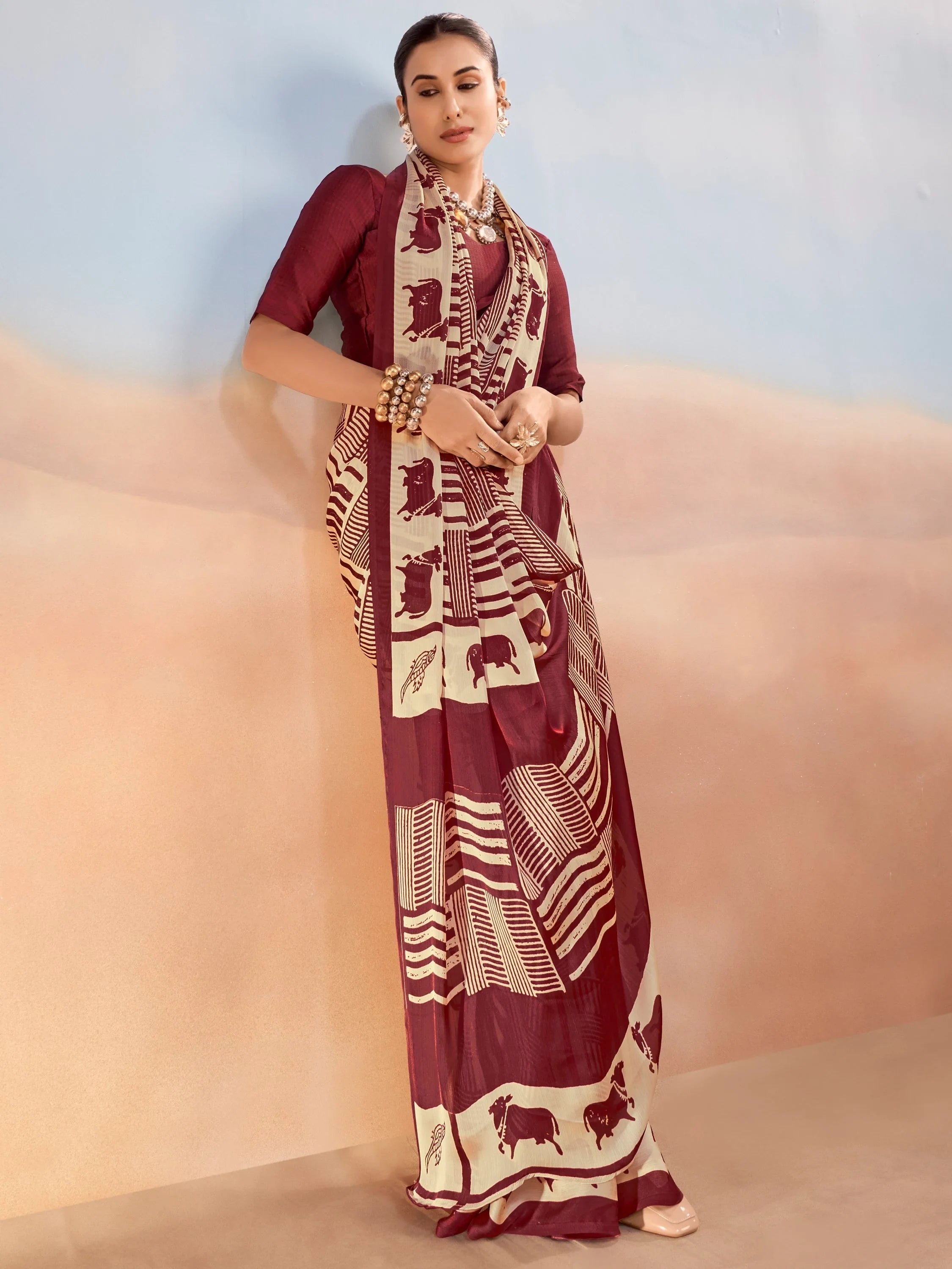 Maroon Enchanting Printed Satin Festive Wear Saree With Blouse