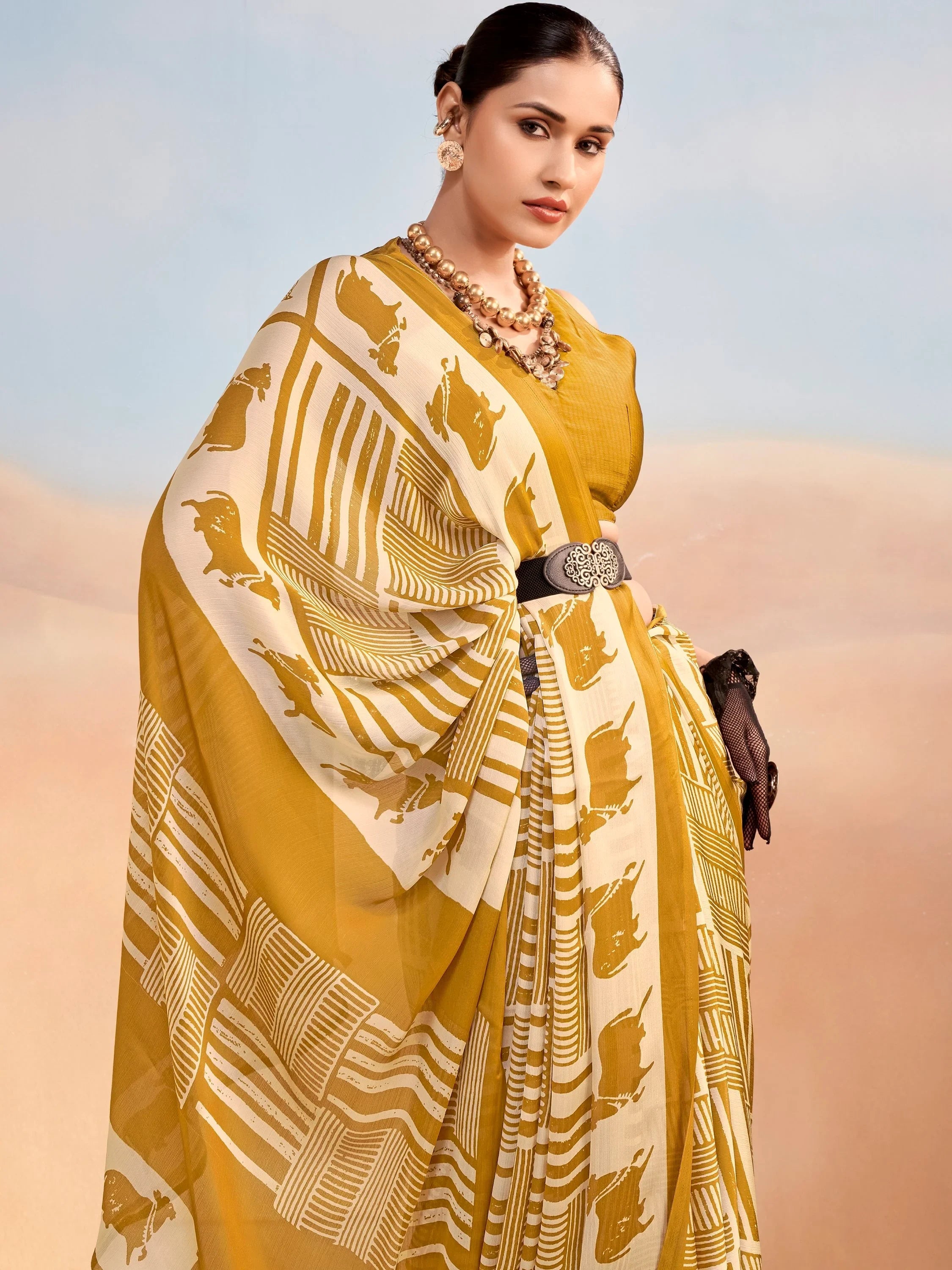 Mustard Enchanting Printed Satin Festive Wear Saree With Blouse