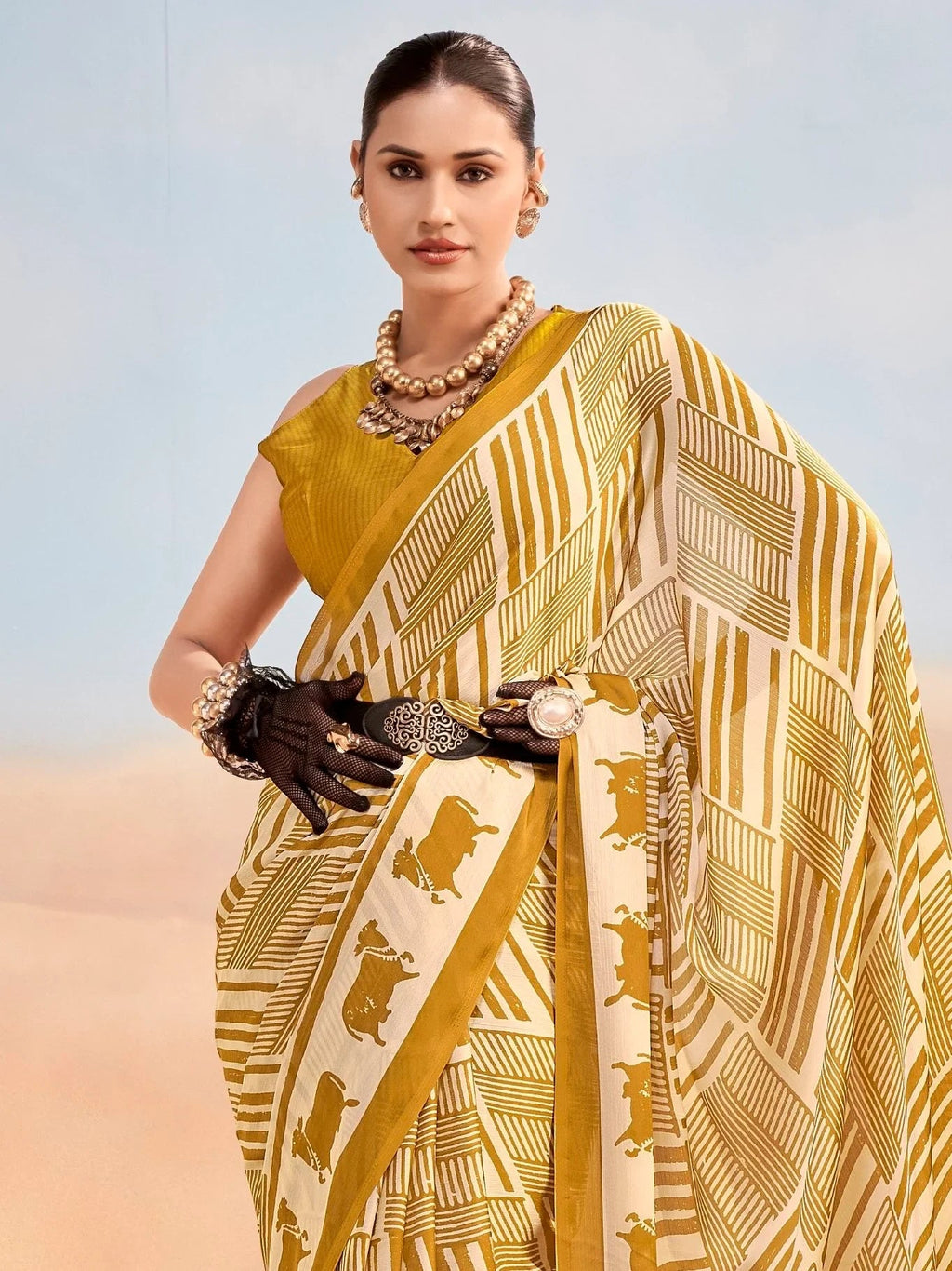 Mustard Enchanting Printed Satin Festive Wear Saree With Blouse