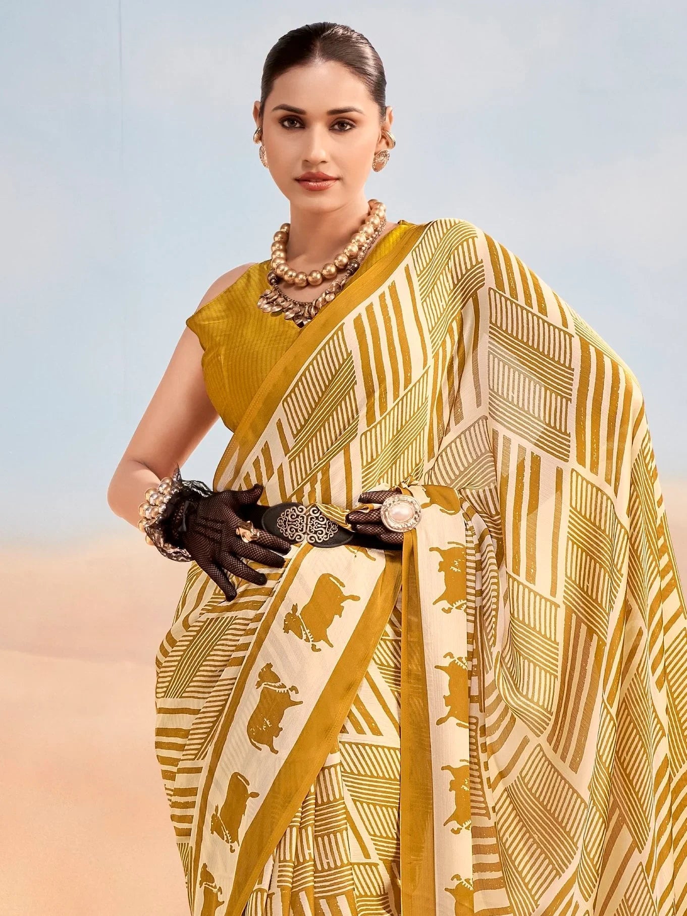 Mustard Enchanting Printed Satin Festive Wear Saree With Blouse