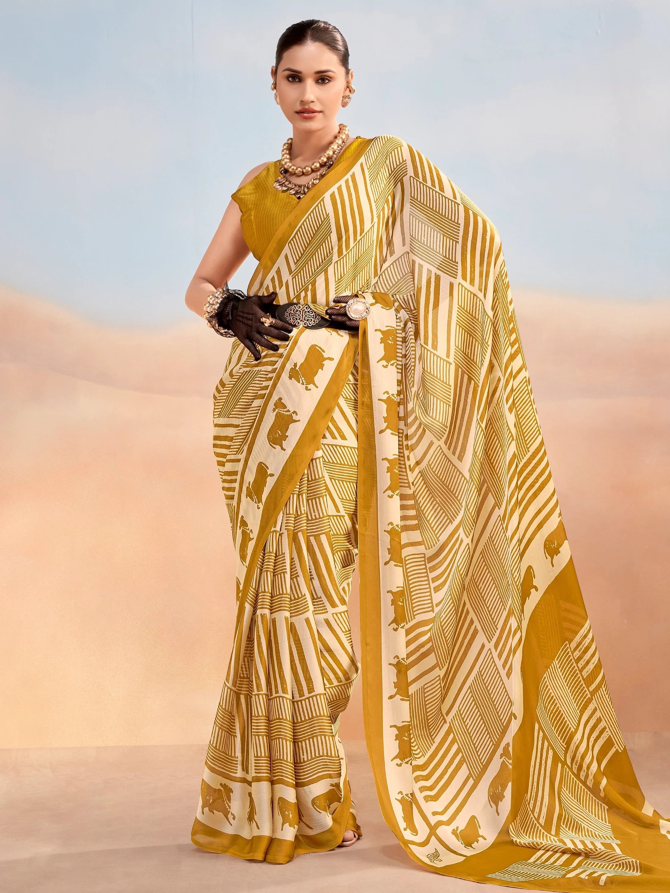 Mustard Enchanting Printed Satin Festive Wear Saree With Blouse