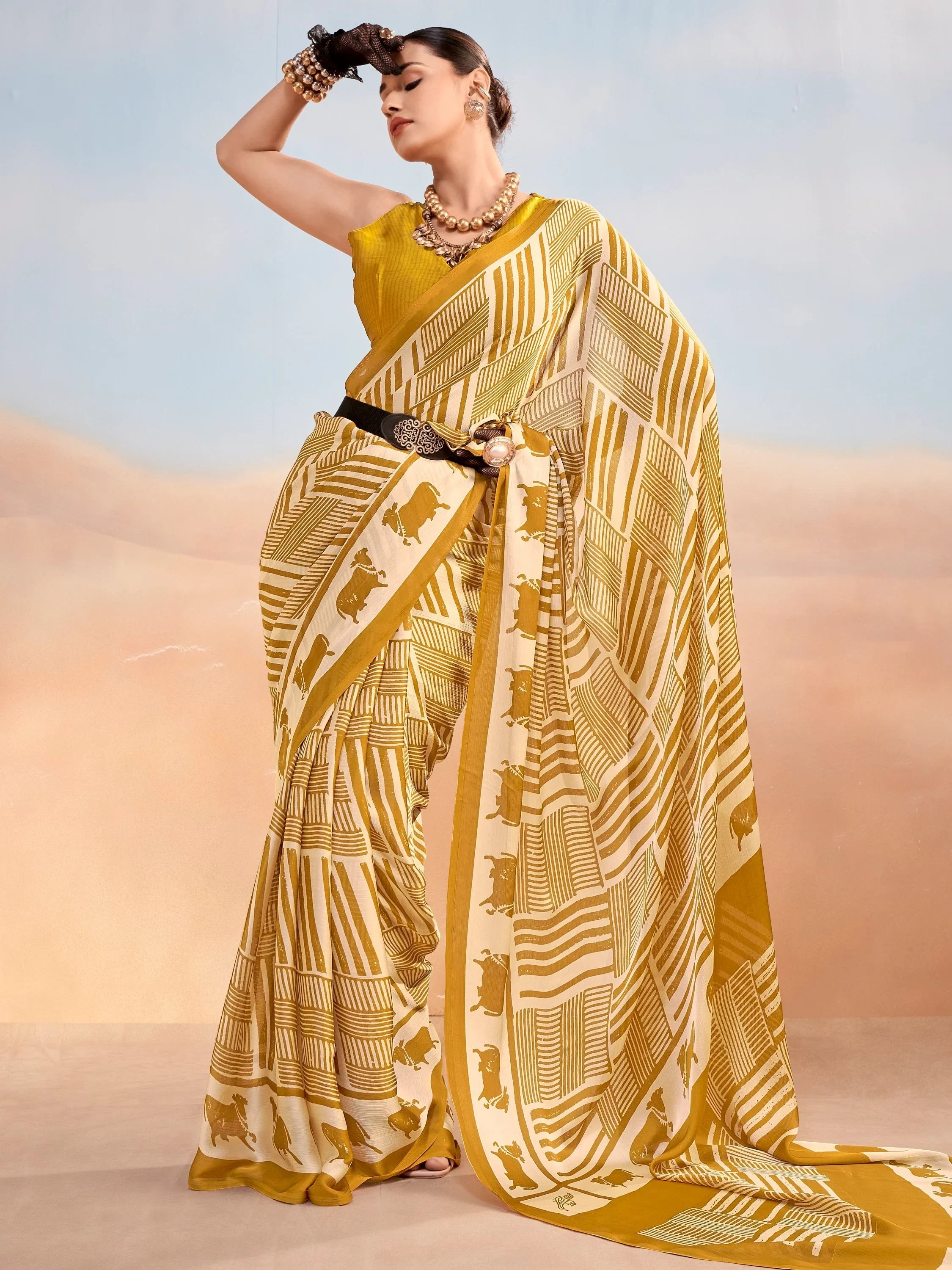 Mustard Enchanting Printed Satin Festive Wear Saree With Blouse