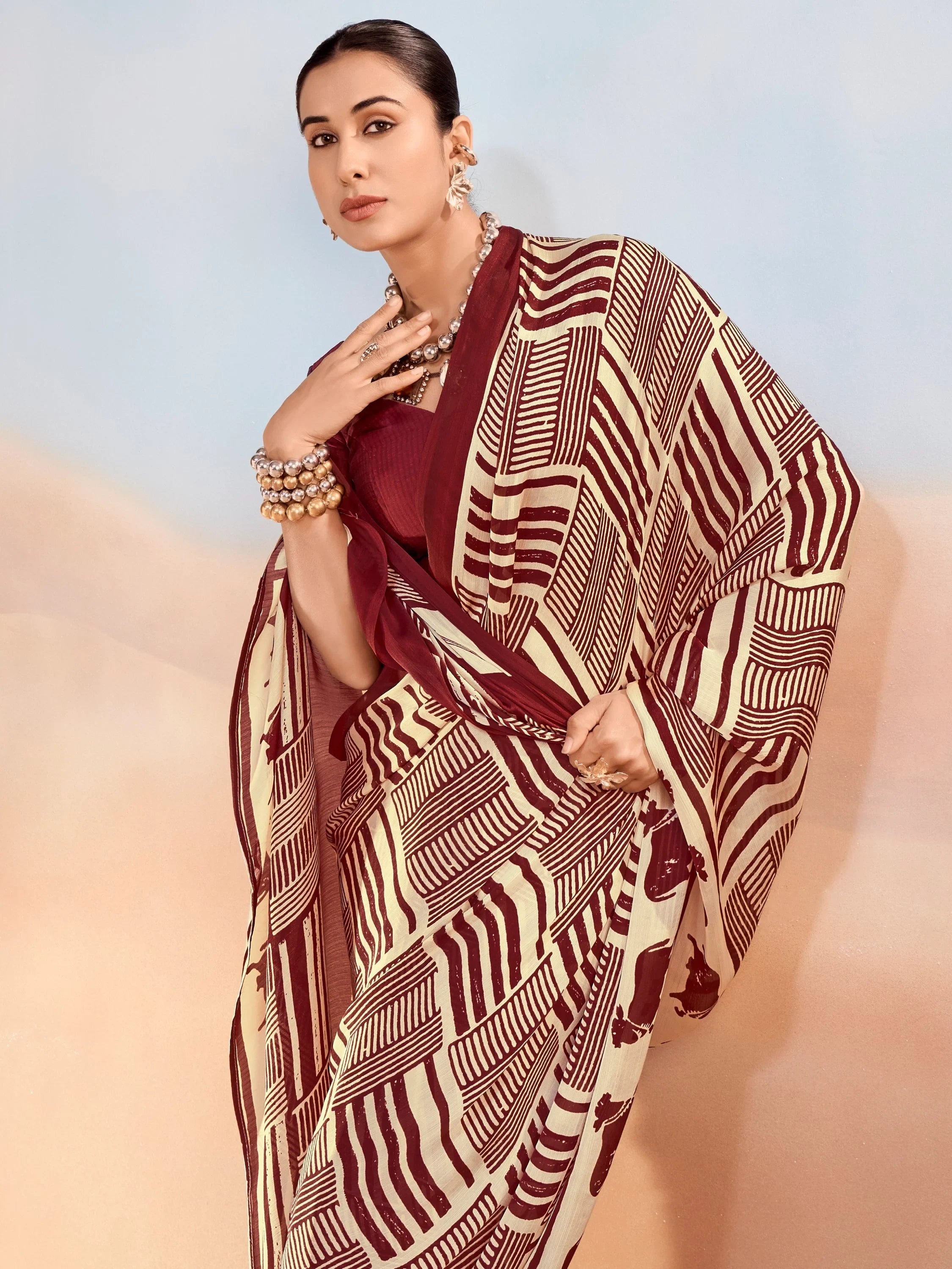 Maroon Enchanting Printed Satin Festive Wear Saree With Blouse