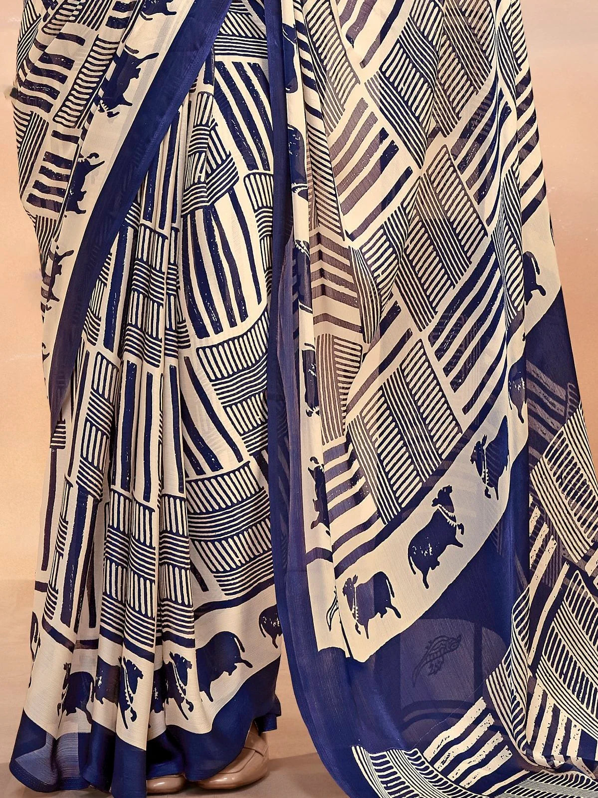 Navy Enchanting Printed Satin Festive Wear Saree With Blouse