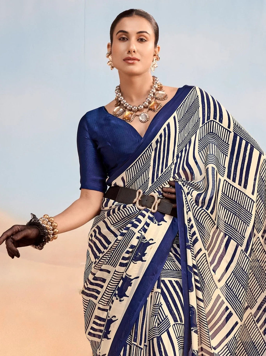 Navy Enchanting Printed Satin Festive Wear Saree With Blouse