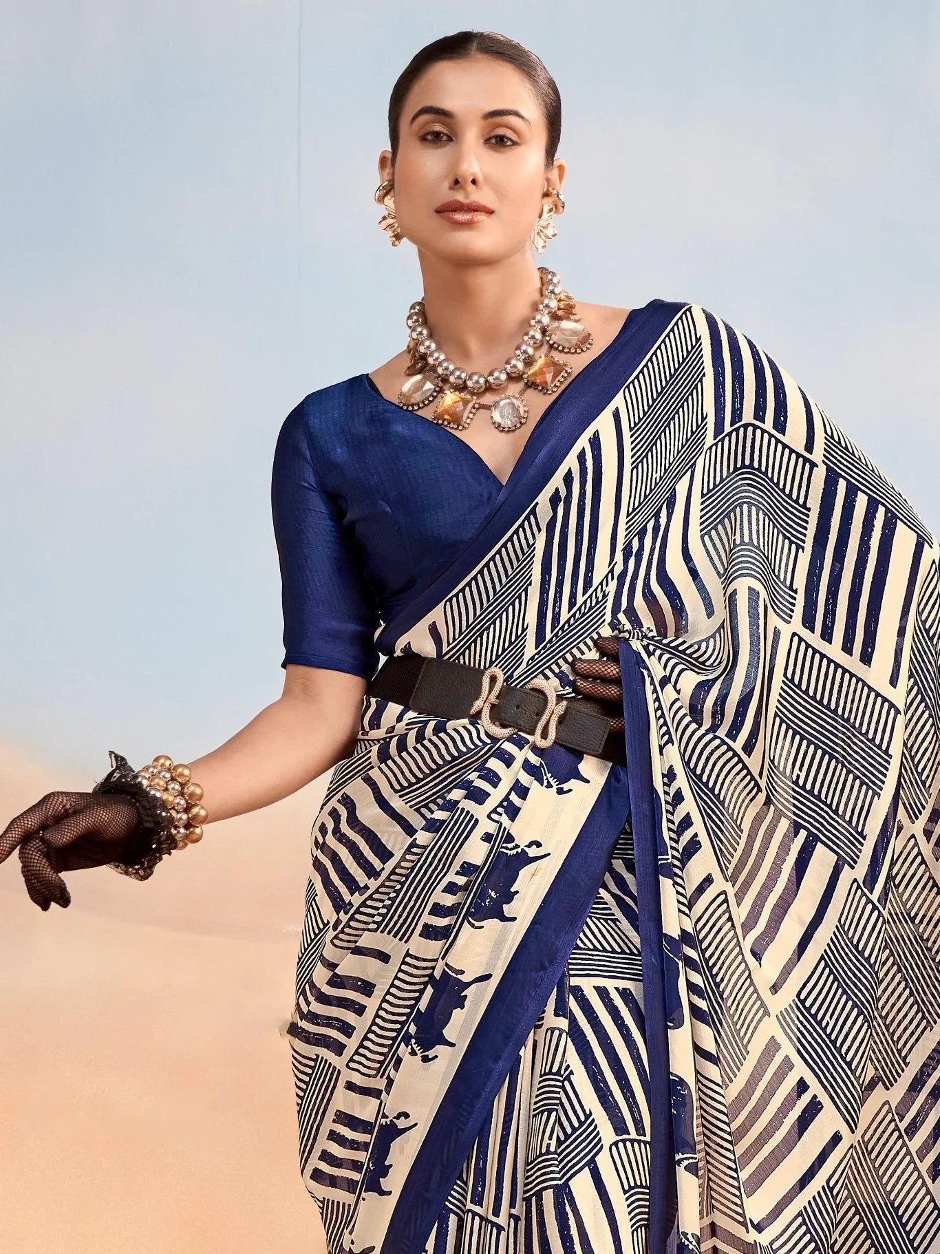 Navy Enchanting Printed Satin Festive Wear Saree With Blouse