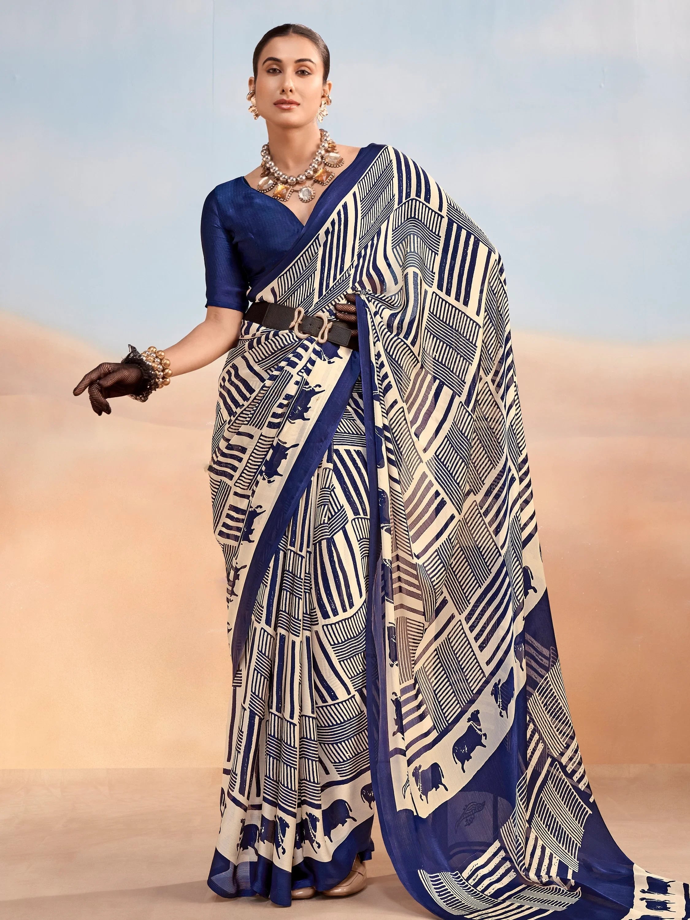 Navy Enchanting Printed Satin Festive Wear Saree With Blouse