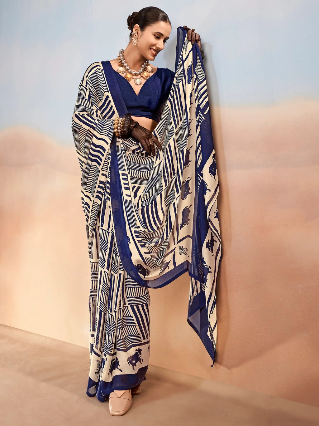 Navy Enchanting Printed Satin Festive Wear Saree With Blouse