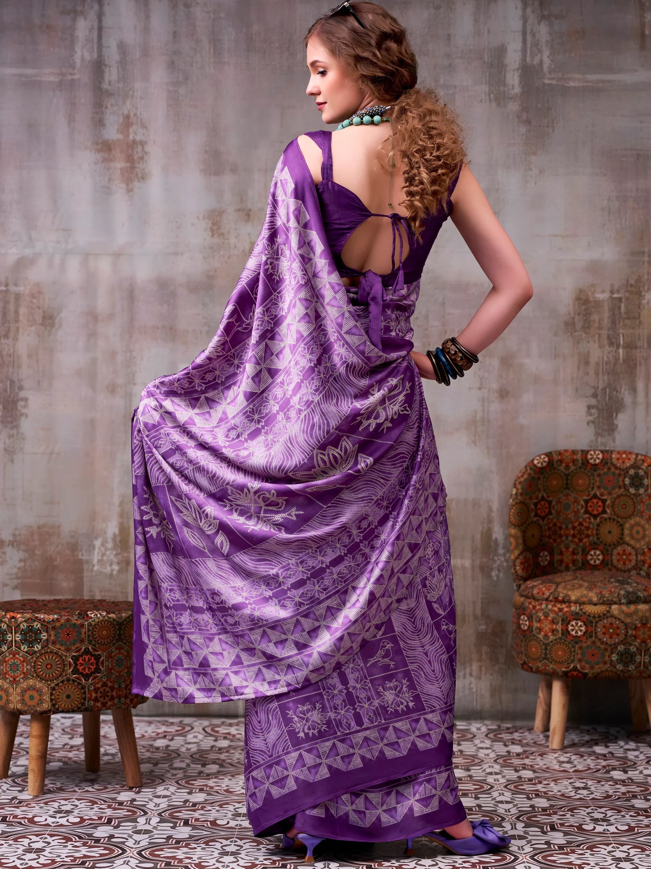 Lavender Rich Printed Satin Festive Wear Saree With Blouse