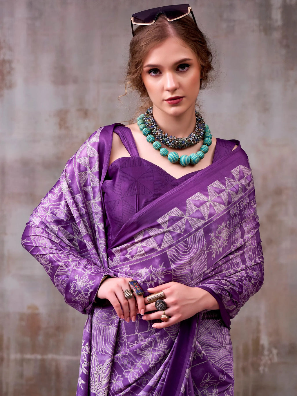 Lavender Rich Printed Satin Festive Wear Saree With Blouse