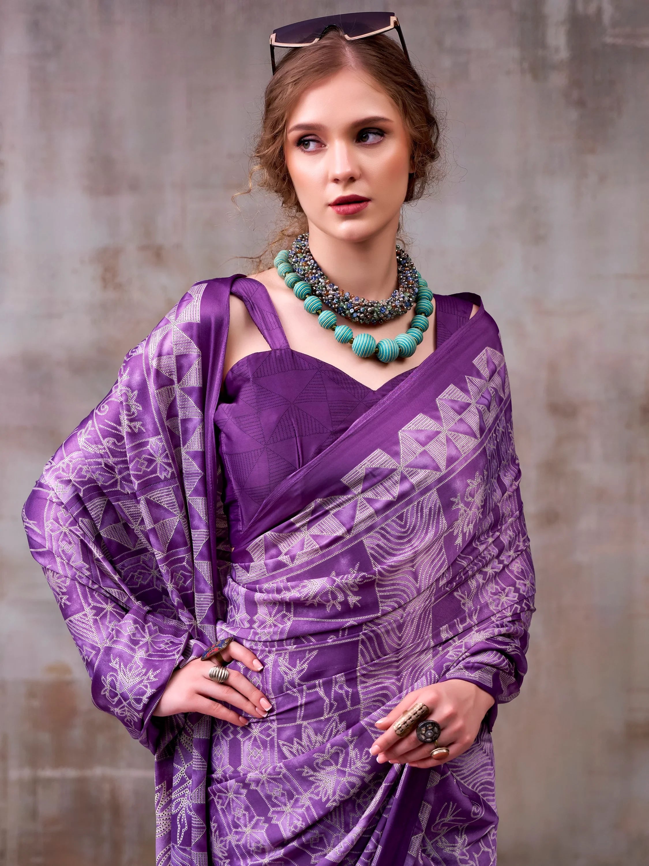 Lavender Rich Printed Satin Festive Wear Saree With Blouse
